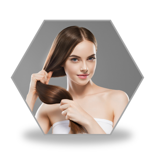 A woman is brushing her long hair in a hexagon.