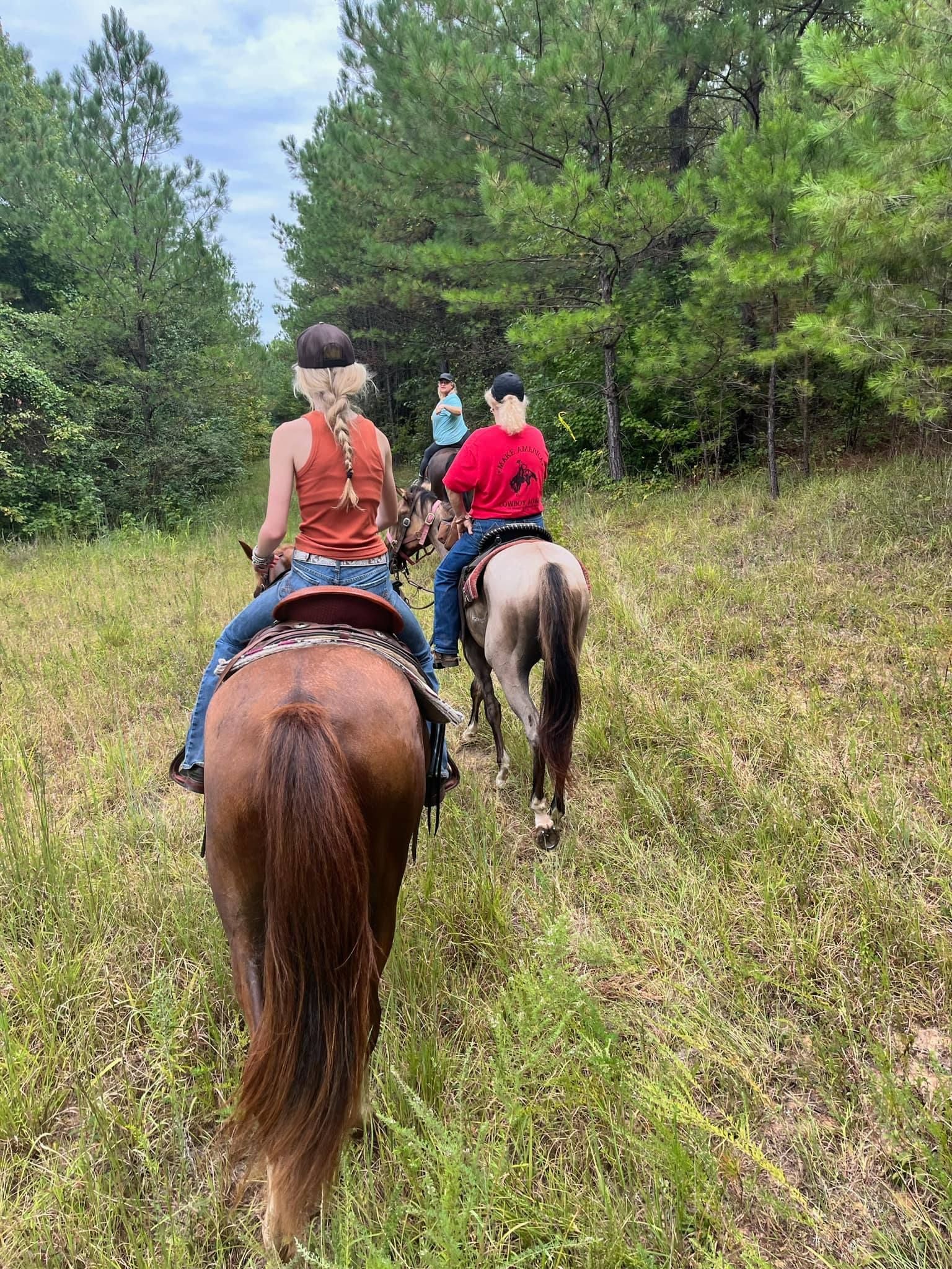 A group of people are riding horses through a grassy field.