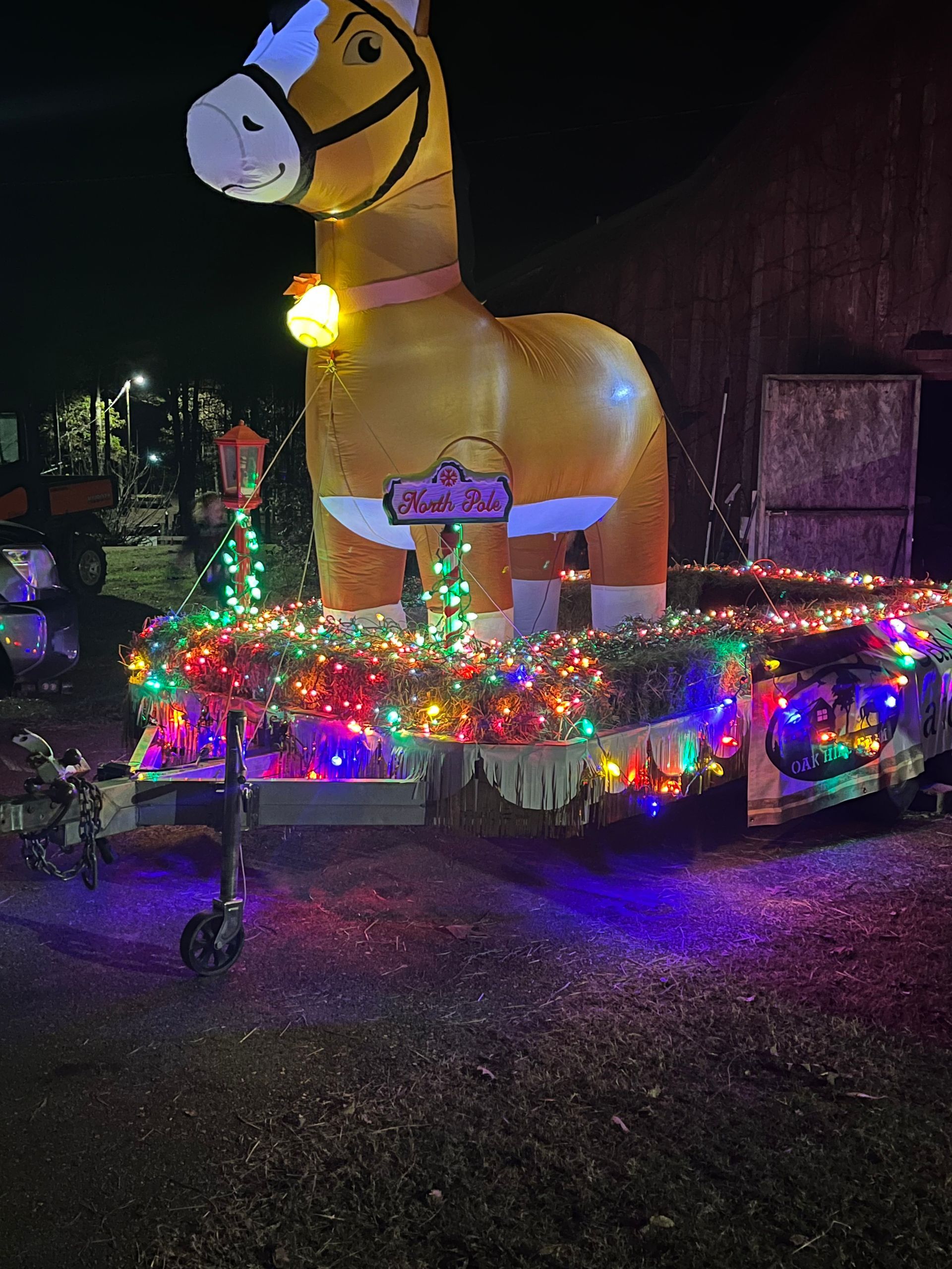 Inflatable horse display on a trailer, lit with Christmas lights at night.