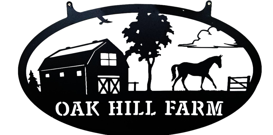 A black and white sign for oak hill farm