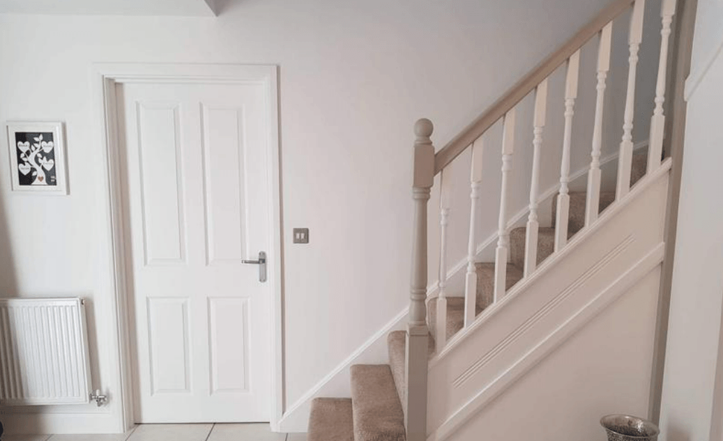 Staircase and hallway painted in white and dove grey by painters and decorators Glasgow
