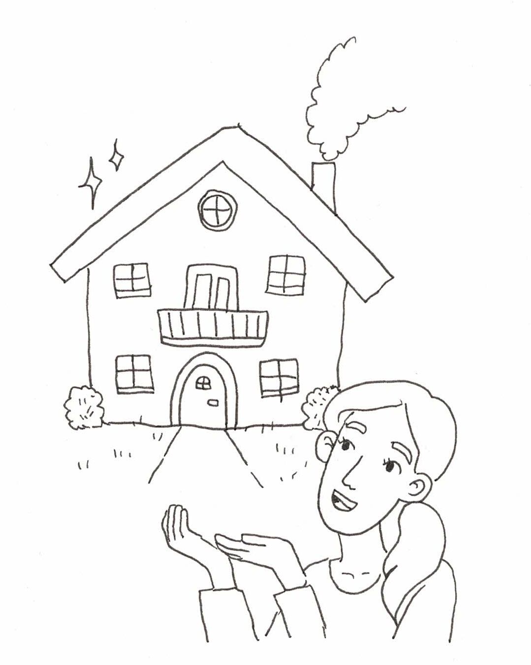 Eine Schwarzweißzeichnung einer Frau, die ein Haus in ihren Händen hält.