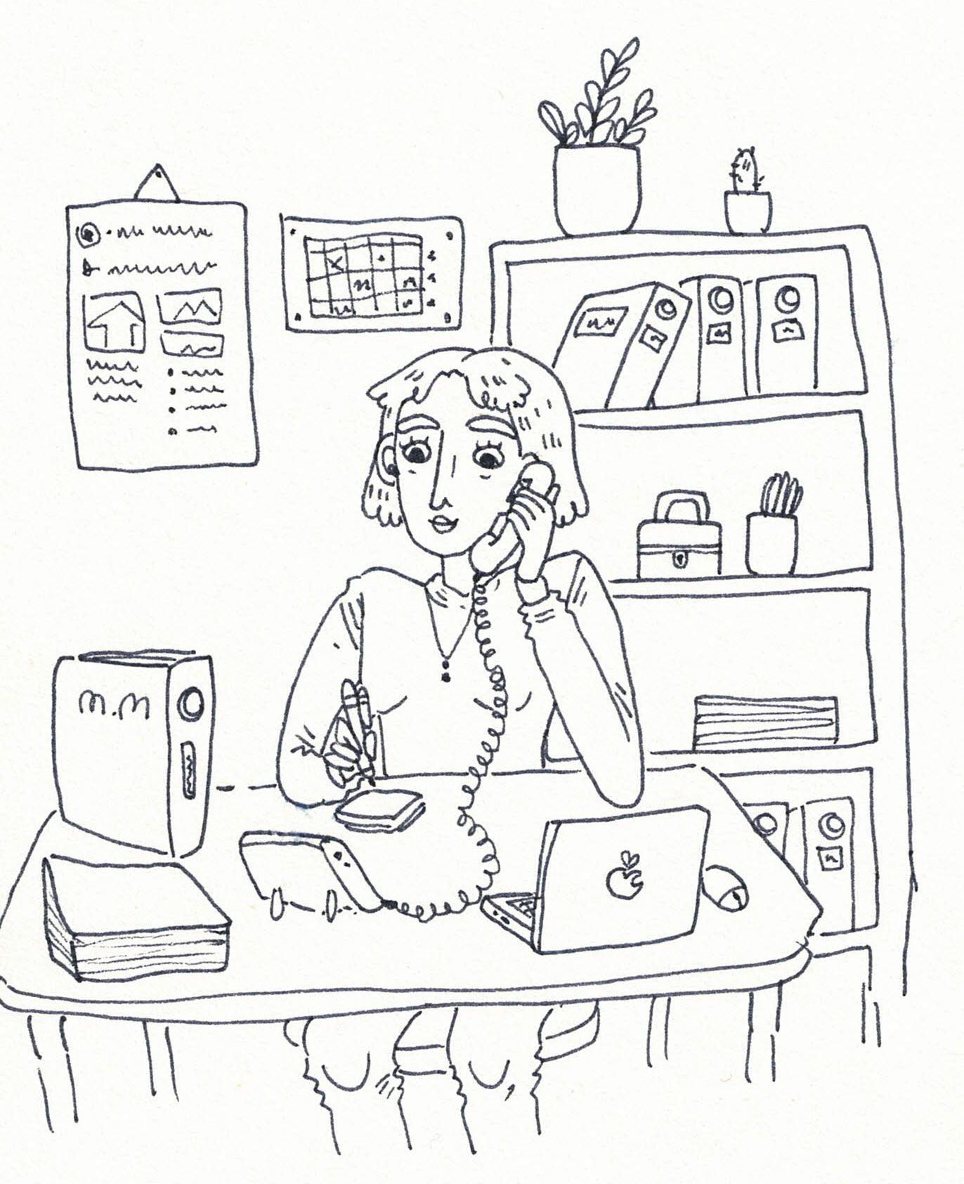 Eine Schwarzweißzeichnung einer Frau, die an einem Schreibtisch sitzt und telefoniert.