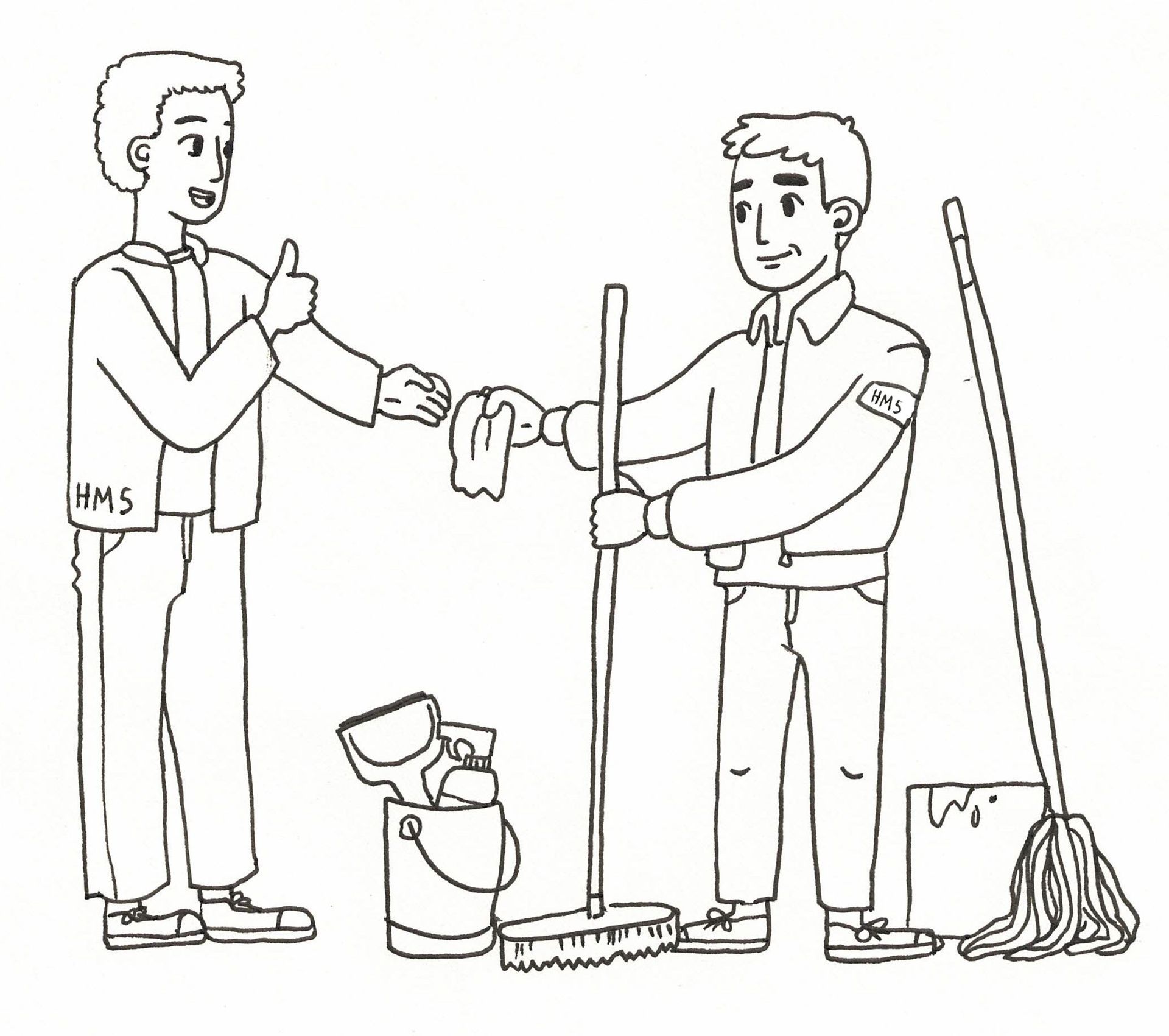 Eine Schwarzweißzeichnung von zwei Männern, die sich die Hand geben, während einer von ihnen einen Wischmopp hält.