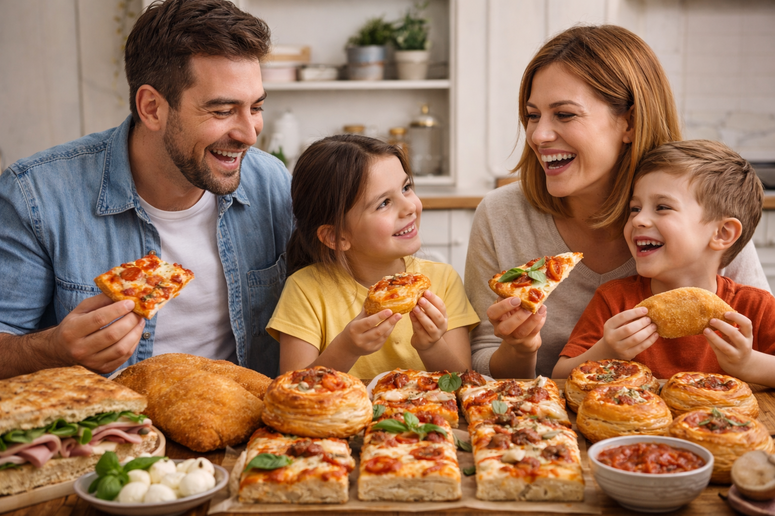 Famiglia sorridente che mangia pizza insieme a un tavolo.