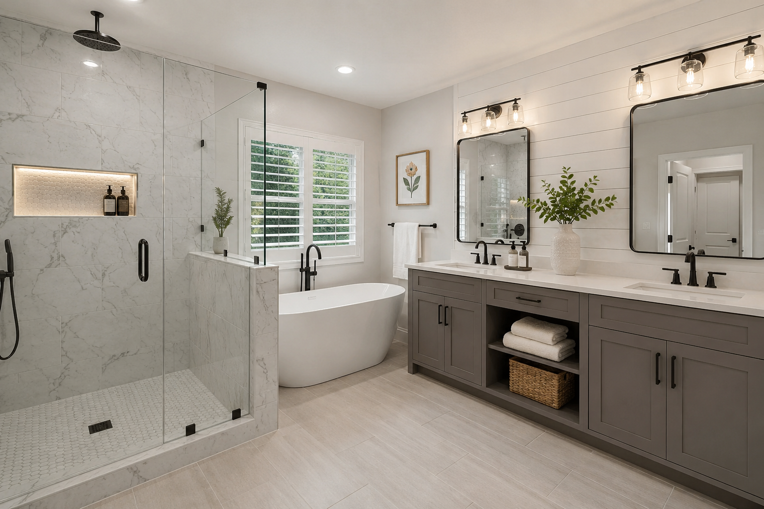 Modern white bathroom with walk-in shower, freestanding tub, and gray double vanity with mirrors