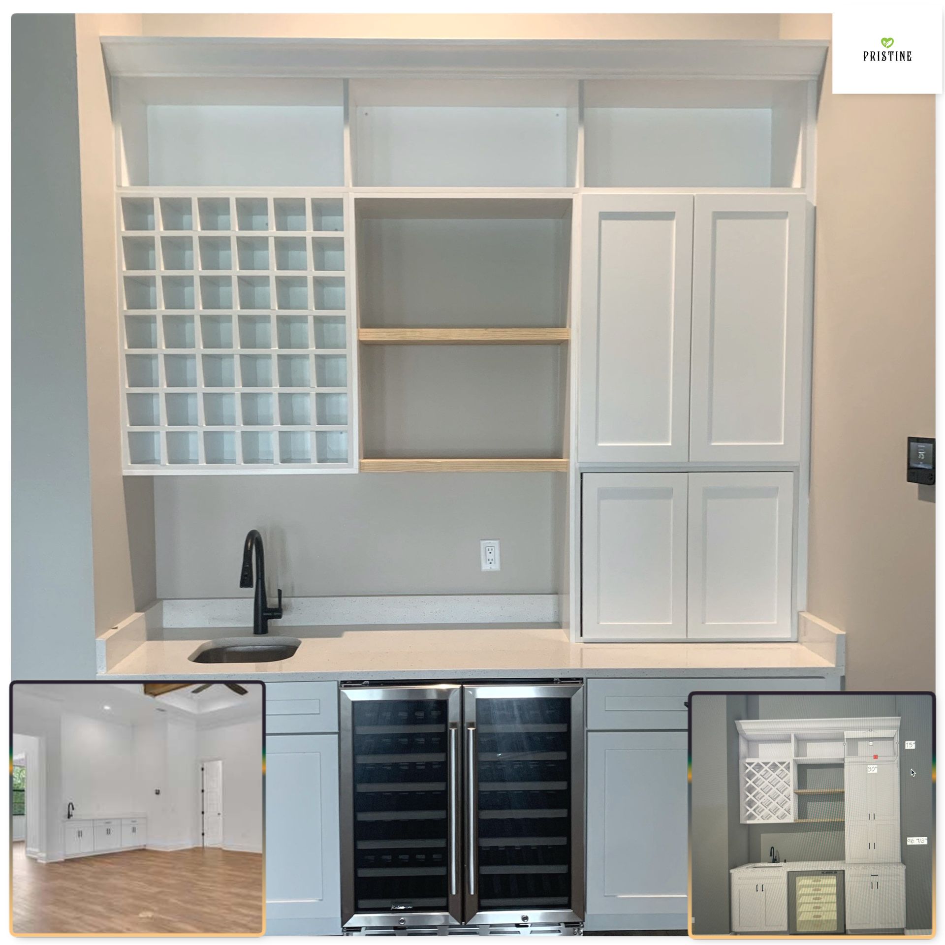 Built-in wet bar with glass-front cabinets, shelves, sink, and wine fridge in a bright room
