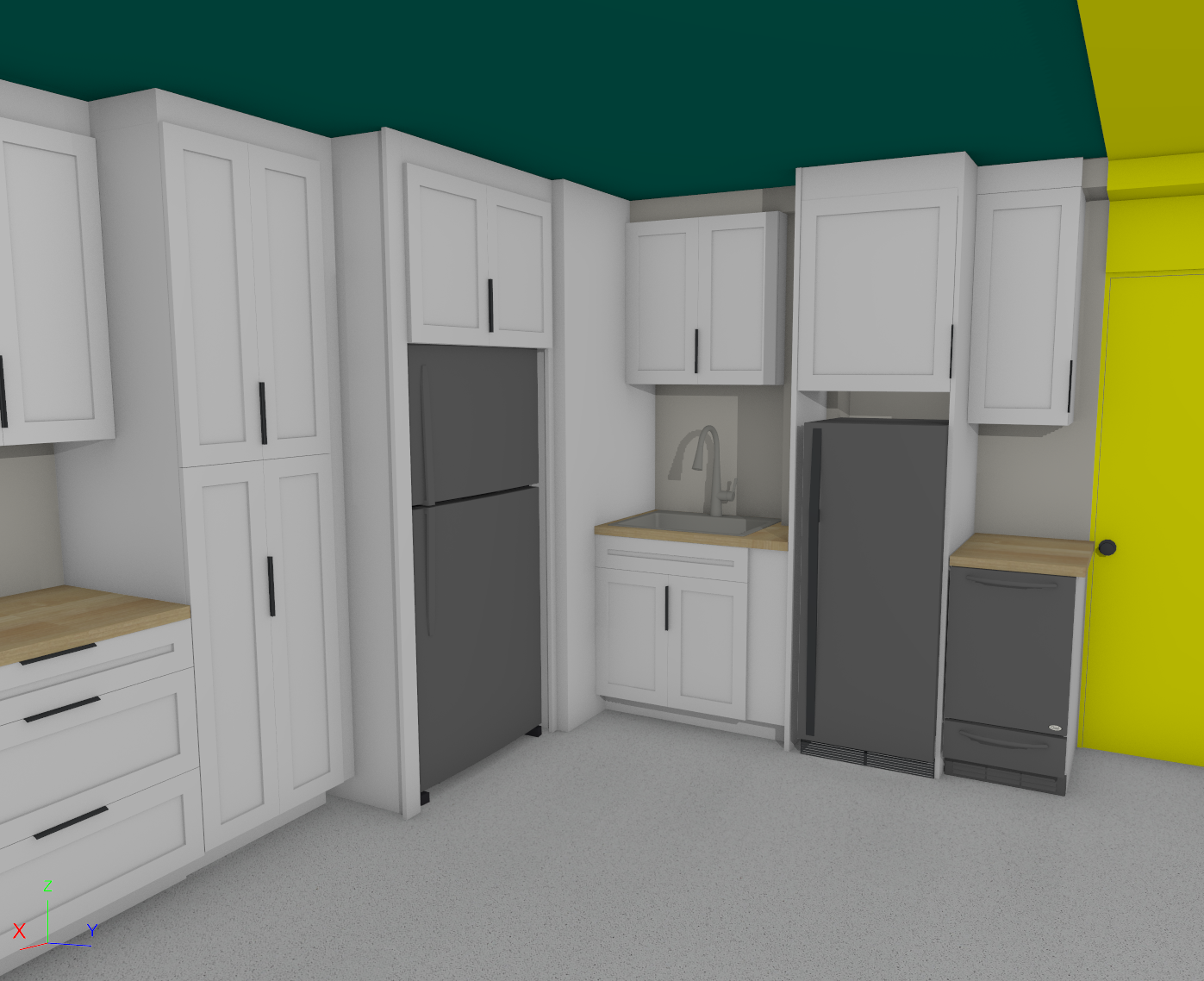 Modern kitchen with white cabinets, gray appliances, wood countertop, and teal walls