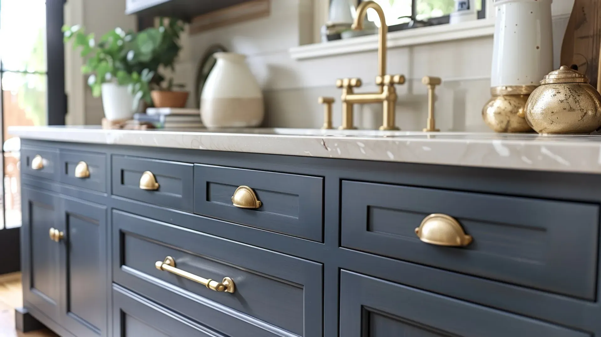 Blue kitchen island with brass handles and white countertop in a bright, modern kitchen
