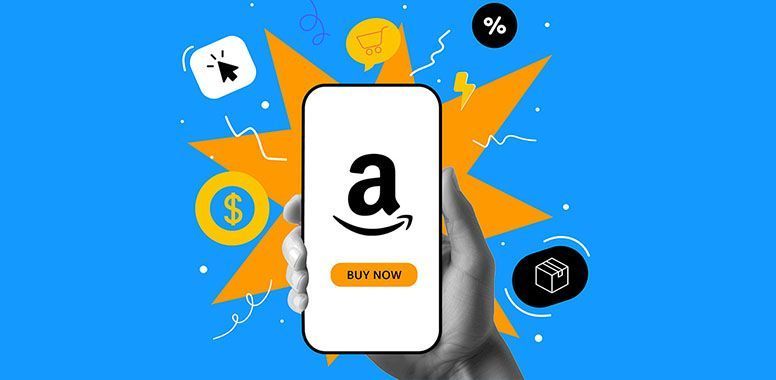 A hand holds a smartphone displaying the Amazon logo and a 