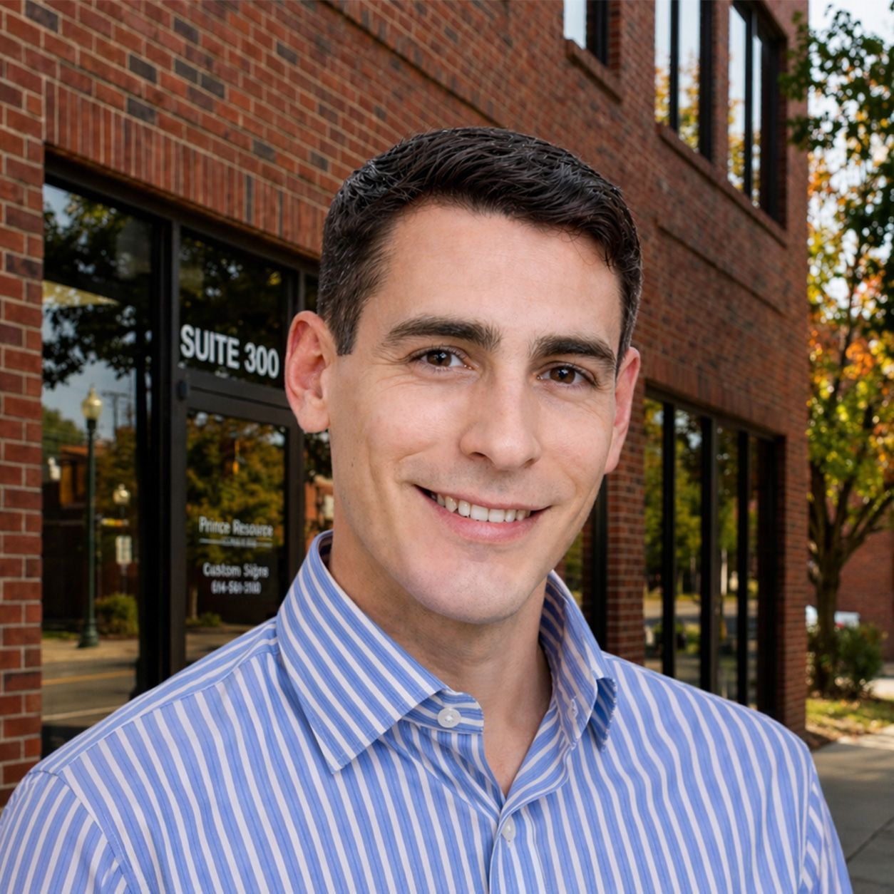 Smiling man in a blue striped shirt against a light gray background