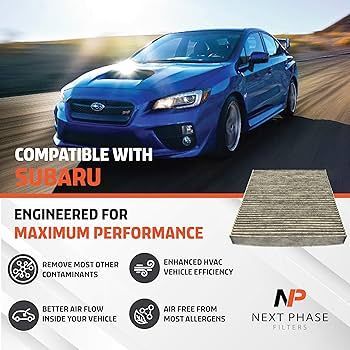 An advertisement for a Next Phase automotive air filter featuring a blue Subaru, highlighting performance and air quality.