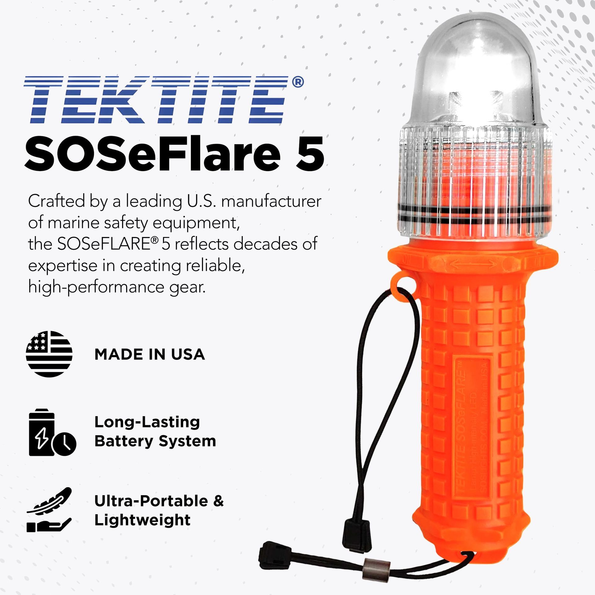 Tektite SOSeFlare 5, an orange handheld marine emergency safety light with a clear top dome and black wrist lanyard.