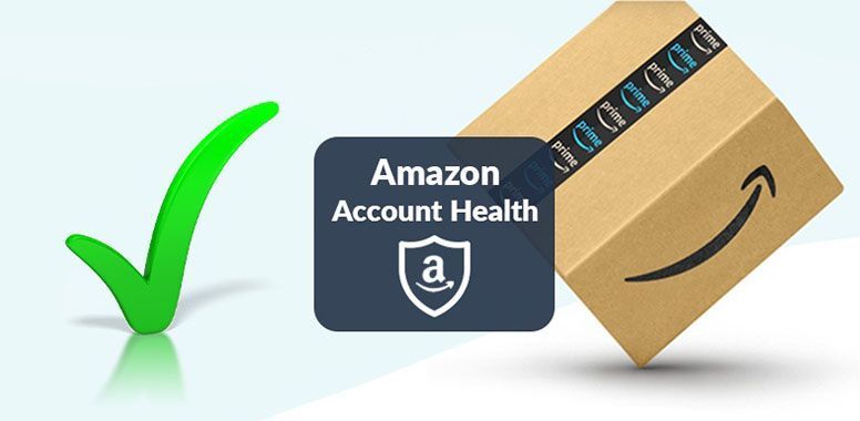 A green checkmark next to a dark blue Amazon Account Health icon and an Amazon shipping box.