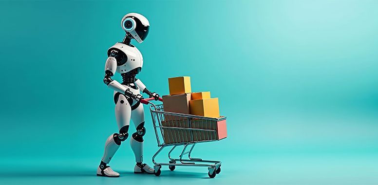 A white humanoid robot pushing a shopping cart filled with cardboard boxes against a solid teal background.