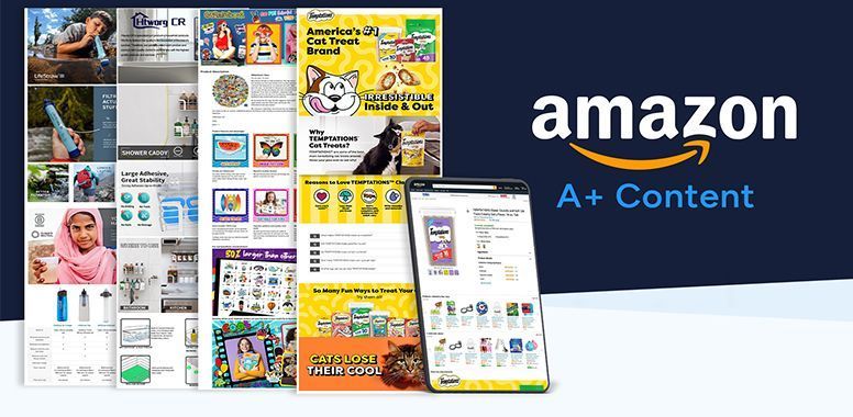 Marketing graphic showcasing examples of Amazon A+ Content layouts on a dark blue background with the Amazon logo.
