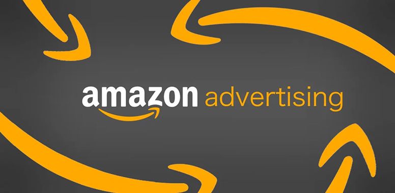 The Amazon Advertising logo in orange on a dark gray background with orange stylized arrows circling the text.