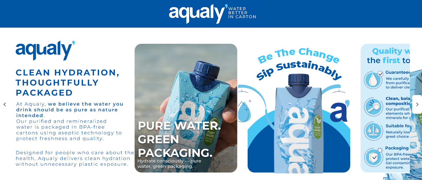 Aqualy branded water cartons in blue packaging, featuring the slogan