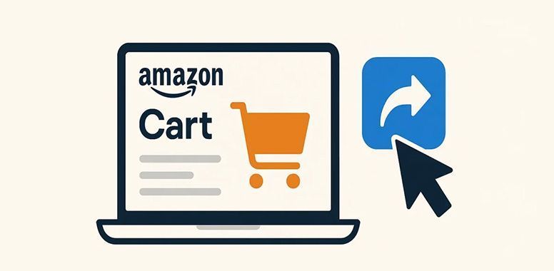 A laptop screen showing an Amazon cart icon next to a blue share button with a cursor pointing at it.