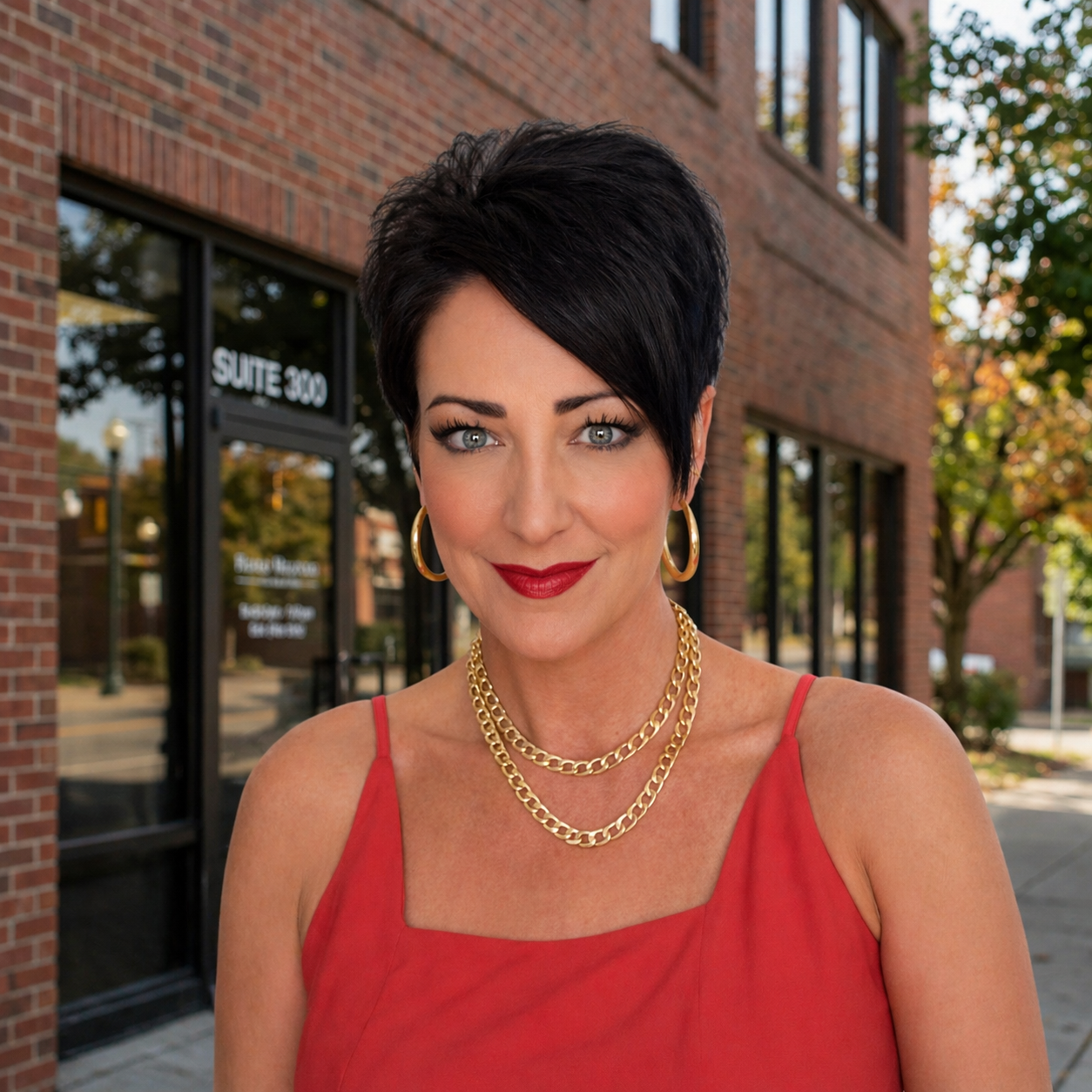 Portrait of a woman with short dark hair, gold hoop earrings, and layered gold necklaces on a light background