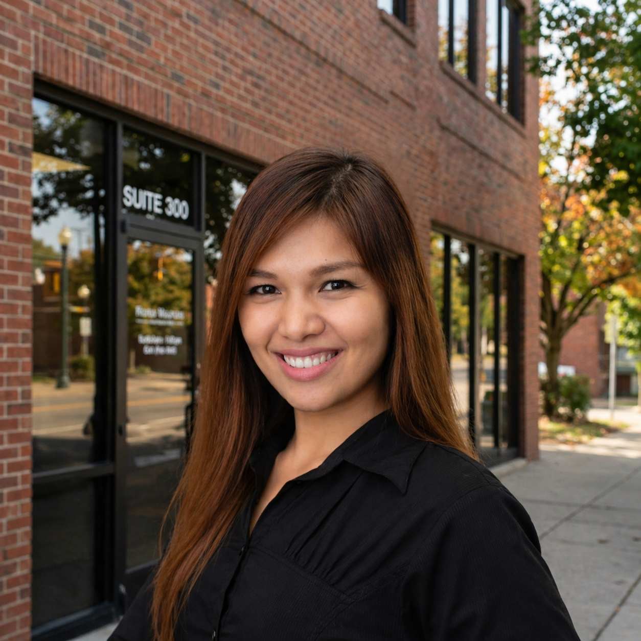 Smiling woman with long brown hair in a black blouse against a light gray background