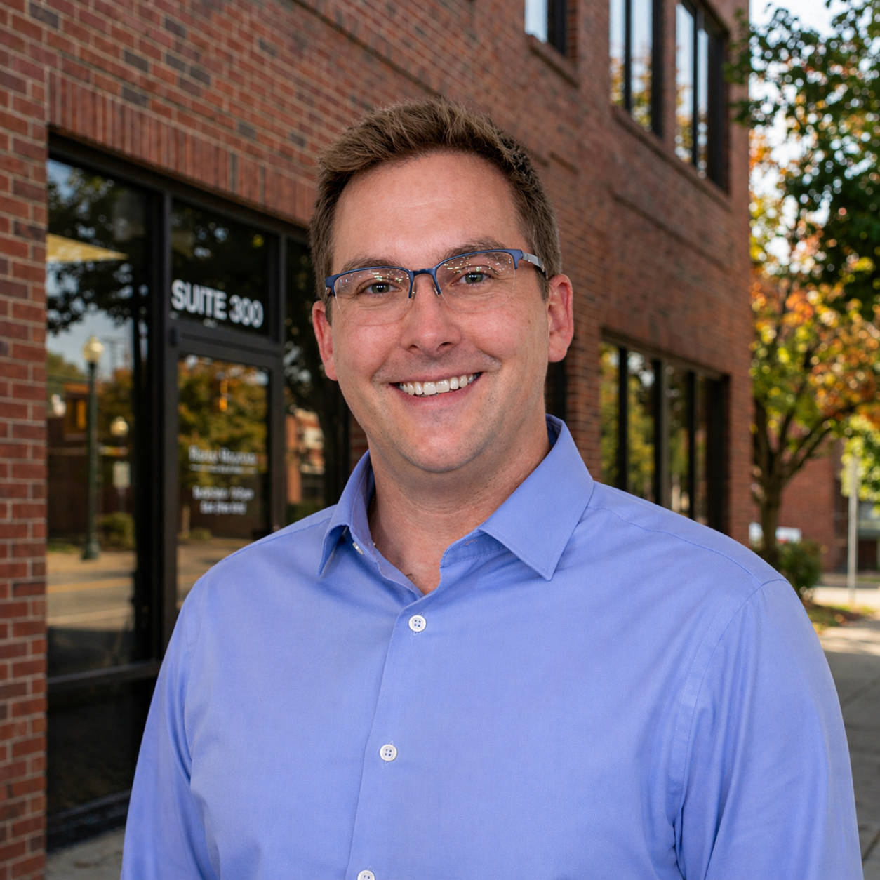 Smiling person in a blue shirt and glasses against a plain white background