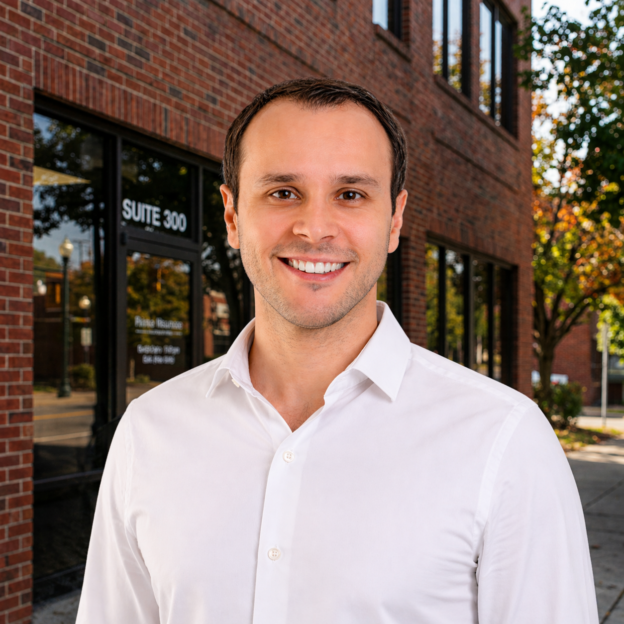 Smiling man in a white shirt against a light gray background