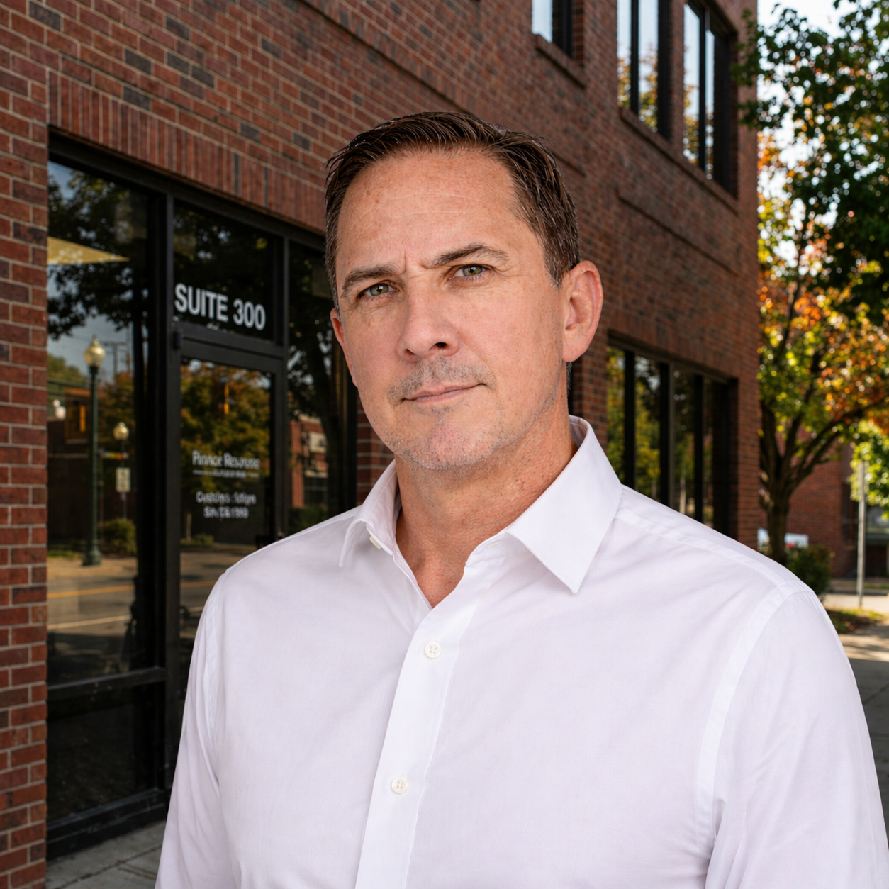 Studio portrait of a man in a white shirt against a light background