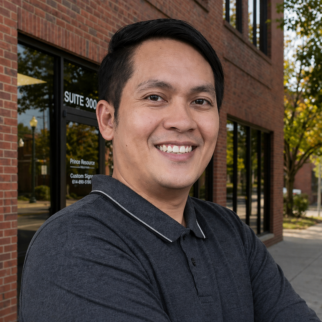 Smiling man in a dark gray collared shirt against a light gray background