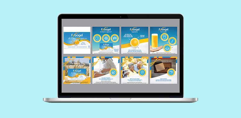 A laptop screen displaying a grid of eight amazon product graphic designs in blue and gold tones.