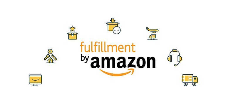 Fulfillment by Amazon logo featuring the brand name and various service icons like shipping, support, and packaging.
