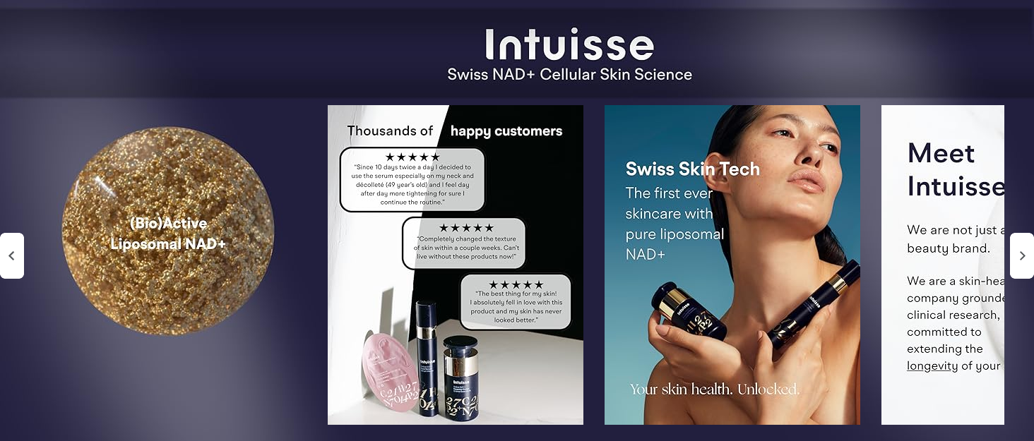 A digital carousel for Intuisse skincare featuring product reviews, a model holding serum, and brand information.