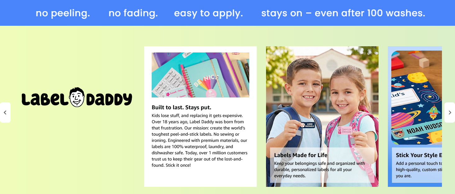 A banner for Label Daddy featuring a brand logo, product examples, and two students holding labels with text overlays.