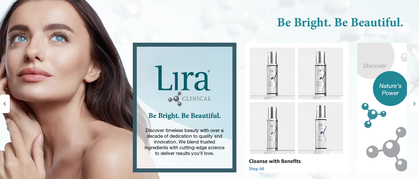 A woman looks upward next to Lira Clinical branding, product bottles, and text promoting the Be Bright collection.