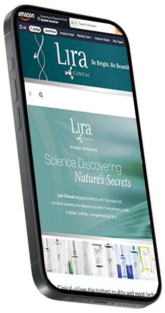 A smartphone displays the Lira Clinical website, featuring a green-toned interface and product showcase imagery.