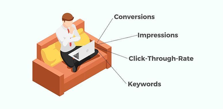 An isometric illustration of a person on a sofa using a laptop, with labels pointing to 