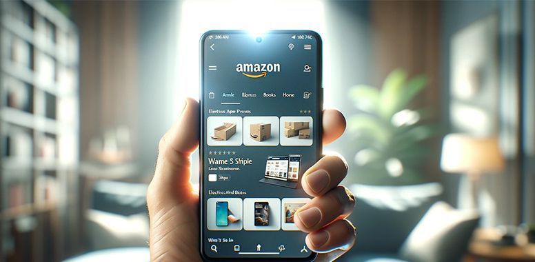 A hand holds a smartphone displaying the Amazon shopping app interface in a softly lit, blurred living room.