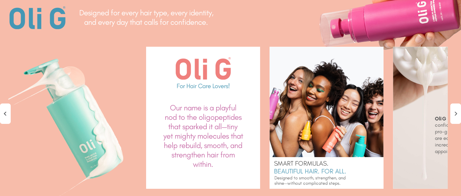 Oli G beauty products displayed with a diverse group of smiling people holding colorful bottles on a peach background.