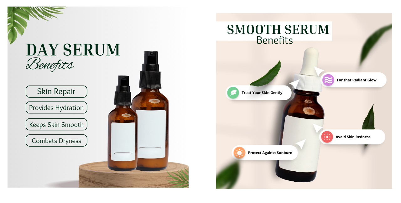 Two panels showing benefits and amber bottles for Day Serum and Smooth Serum, with decorative green leaves on a light background.