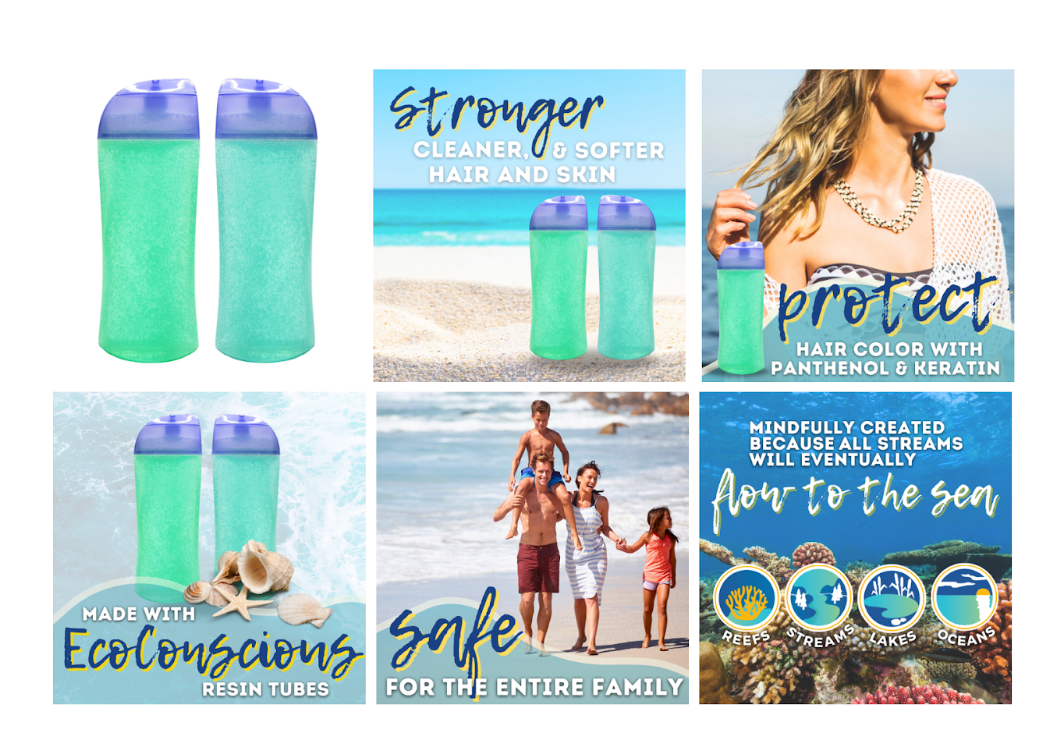 Six-panel collage featuring teal shampoo bottles on beaches, with text promoting eco-friendly, family-safe hair care.