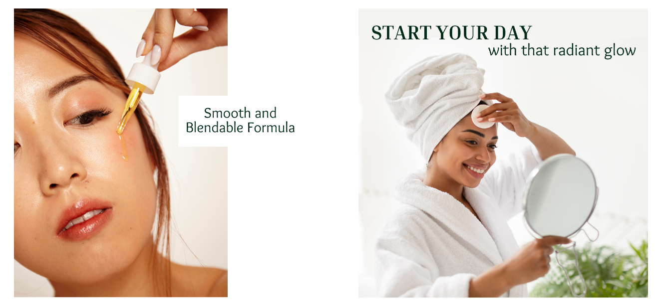 Two images showing skincare application: a drop of serum on a cheek and a person applying cream to their forehead.