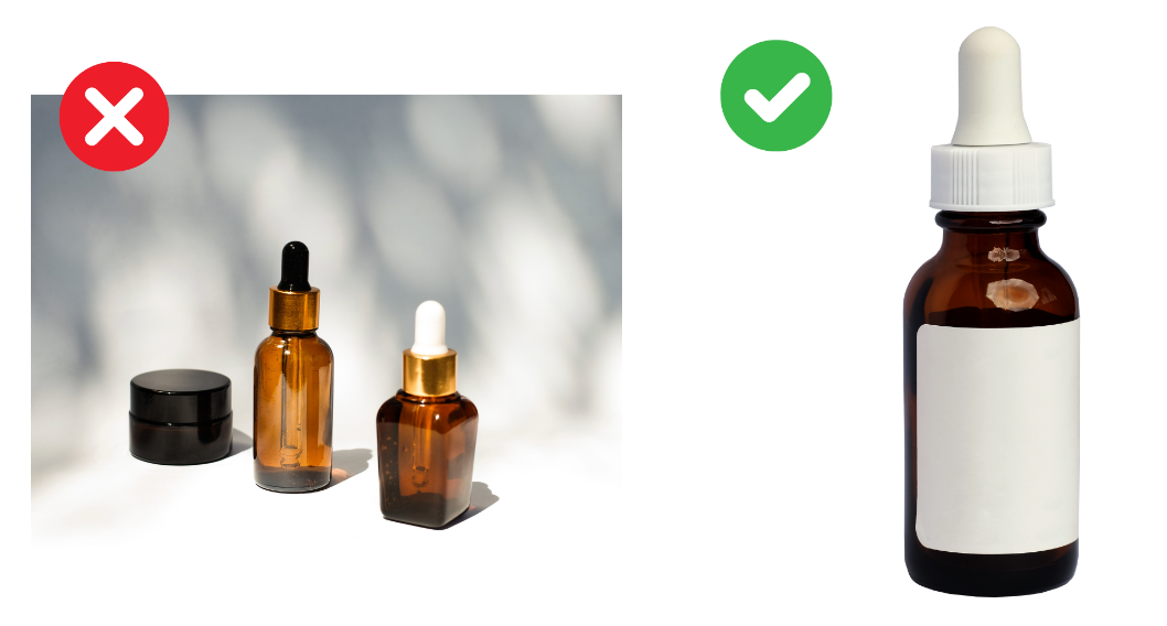 A comparison showing multiple skincare bottles marked with a red X versus a single bottle with a blank label marked with a check.