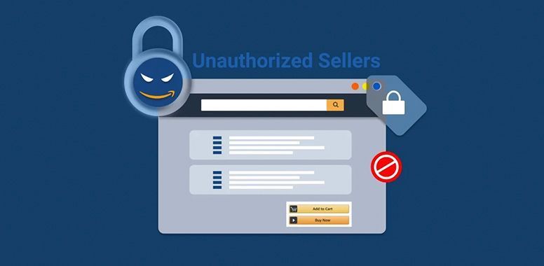 An illustration of a web browser window marked with a padlock icon, representing unauthorized sellers on a marketplace.