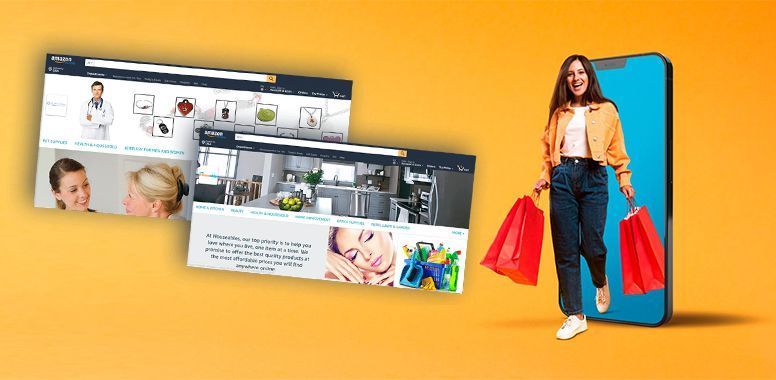 A person with shopping bags steps out of a large smartphone, with website screenshots floating nearby against an orange background.