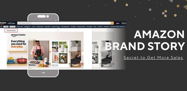 A promotional graphic for Amazon Brand Story, featuring an image of a kitchenware brand page inside a smartphone frame.