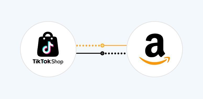 The TikTok Shop and Amazon logos are placed side-by-side, connected by two parallel dashed lines.