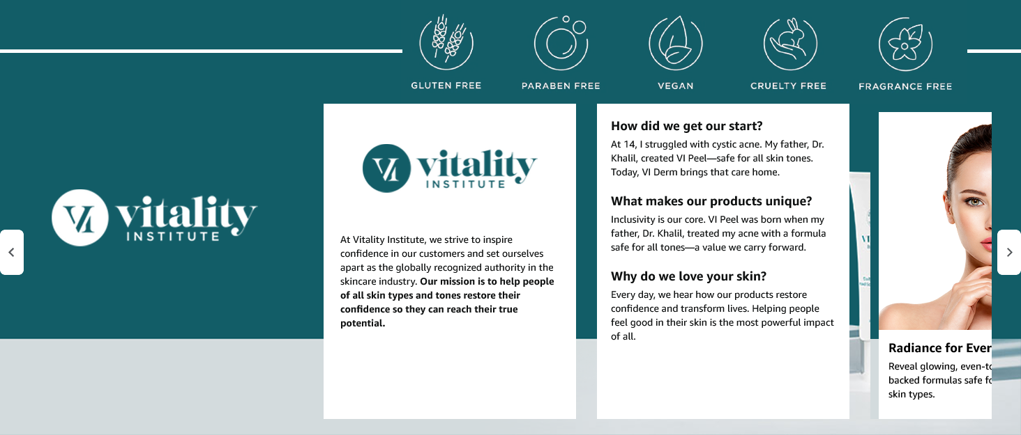 Website banner for Vitality Institute featuring brand logo, text about chemical peels, and a close-up of a person's face.