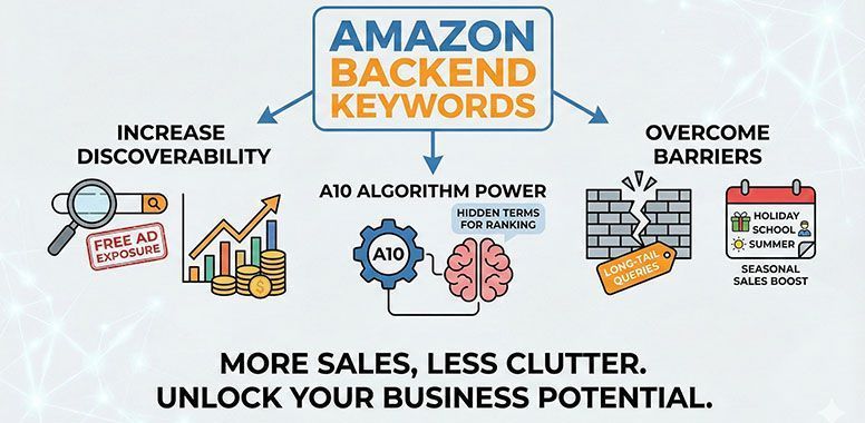 Infographic on Amazon backend keywords showing how they increase discoverability, boost A10 algorithm power, and sales.