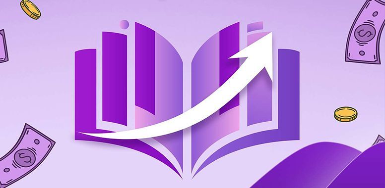 A purple stylized open book with a white upward-trending arrow, surrounded by floating dollar bills and coins.