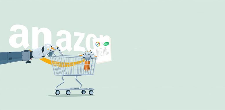 A robotic arm pushes a shopping cart past the word 